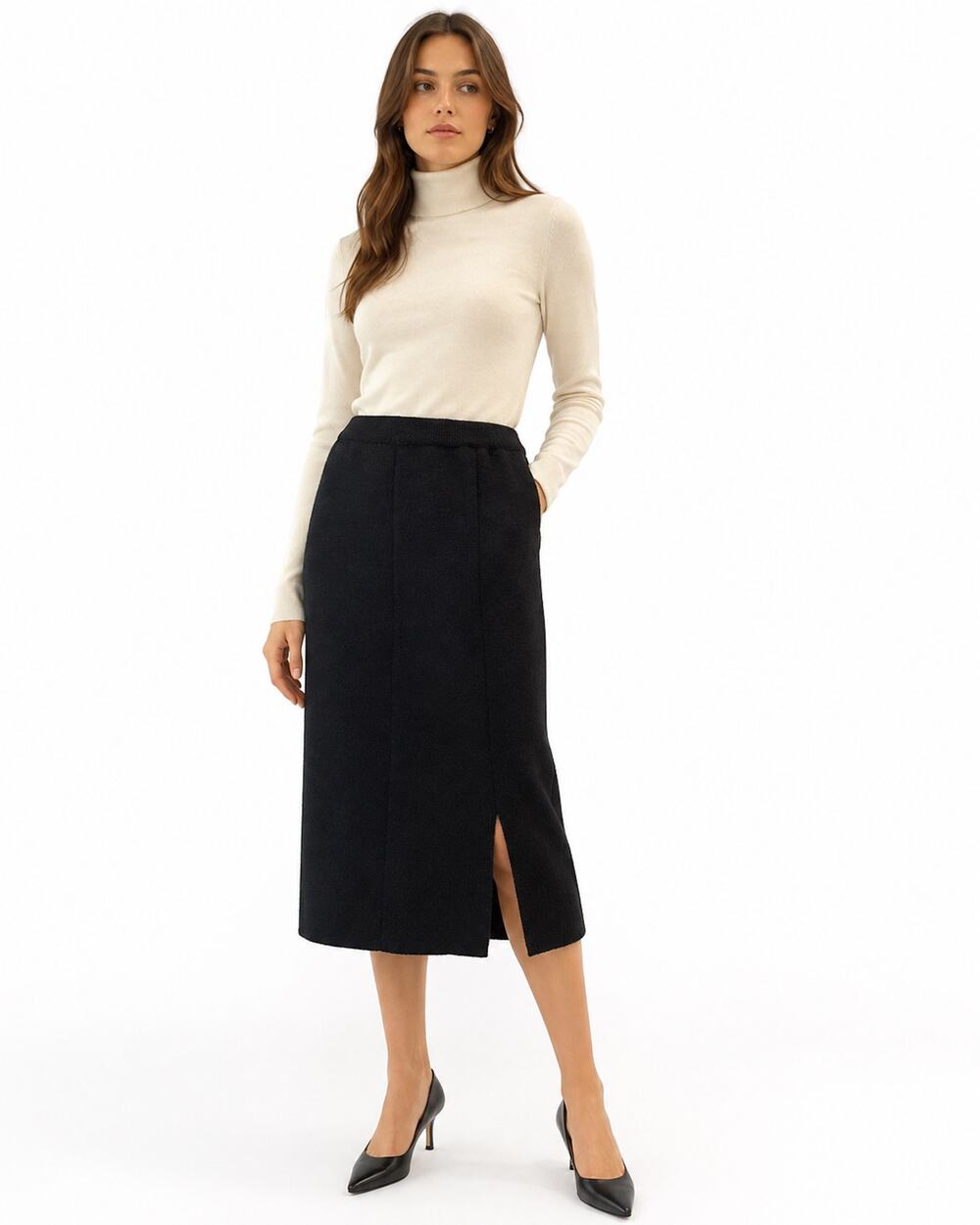 Vintage 70s Carine Paris Black Wool Knit Midi Skirt Made France S M
